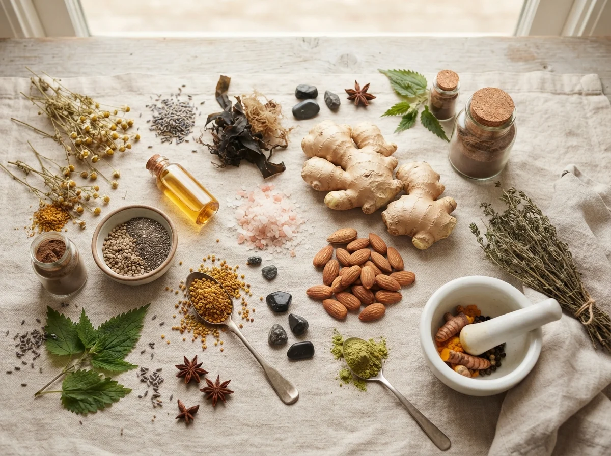 Fresh natural ingredients including citrus, ginger, and minerals arranged neatly
