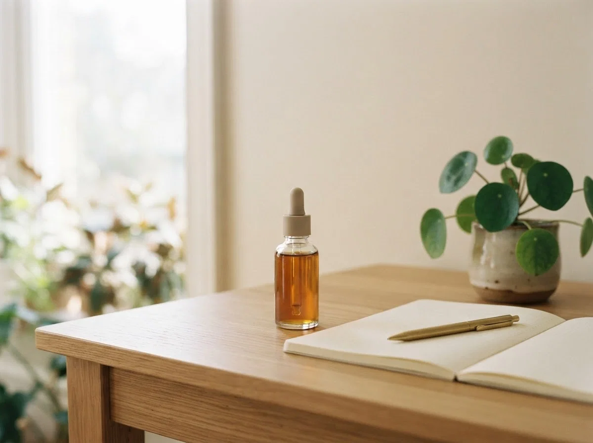 Clean workspace with Vitara Blend bottle, notebook, and natural lighting